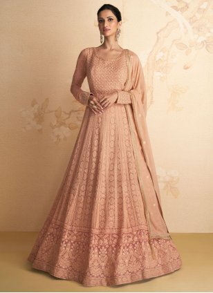 Peach Georgette Embroidered Readymade Designer Gown for Party Wear