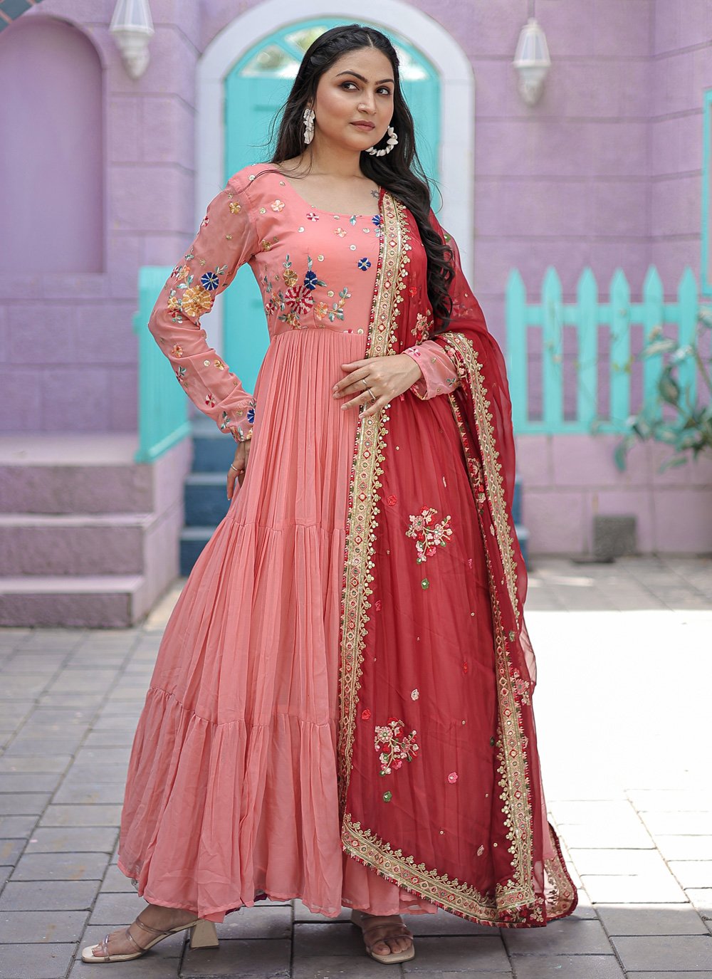 Peach Gown by Sandali Kapoor #engagement #gowns #indian #peaches Long Trail Gown  peach colour Indian style gown… | Peach gown, Indian bridal dress,  Engagement gowns
