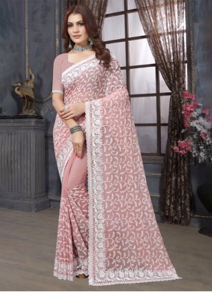 Peach Georgette Embroidered Trendy Sari