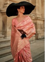 Peach Handloom Silk Weaving Trendy Sari
