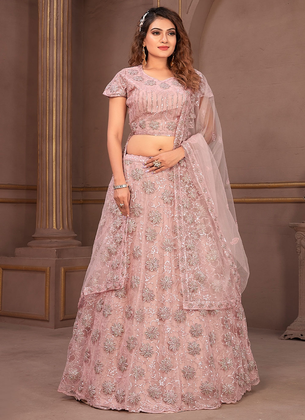 Buy Dark sky blue faux georgette wedding Lehenga choli at fealdeal.com