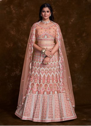 Designer Peach Net Fabric Thread Work A - Line Lehenga Choli for Wedding