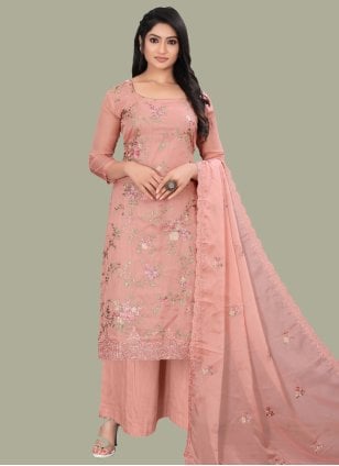 Peach Organza Embroidered Palazzo Salwar Suit
