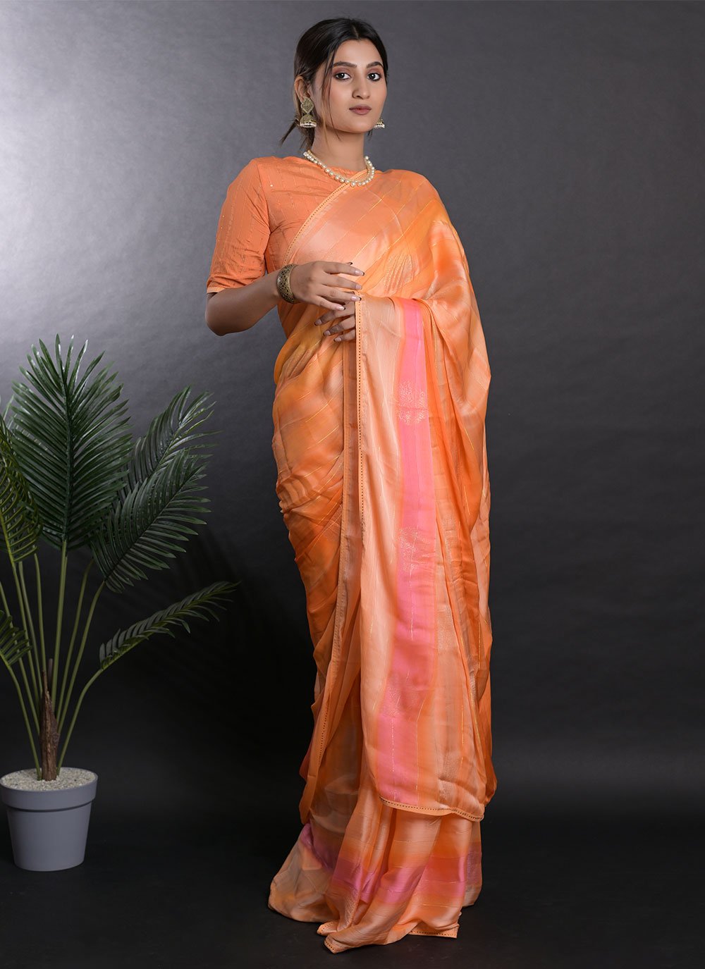 Peach Satin Printed Trendy Sari