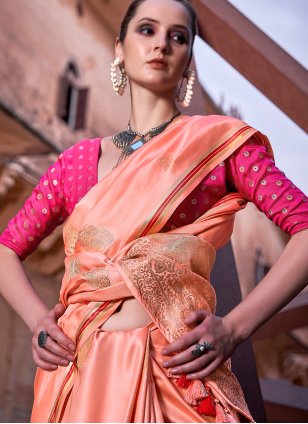 
                            Peach Satin Weaving Contemporary Sari