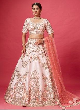 Peach Silk Sequins Embroidered Work Designer Lehenga Choli for Wedding