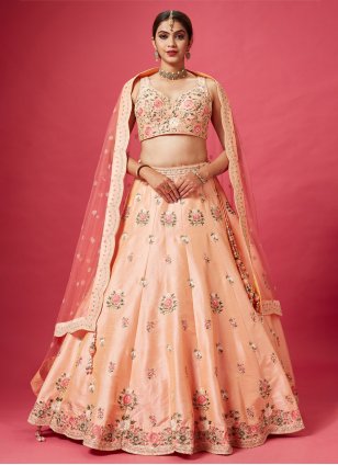 Designer Peach Silk Embroidery & Stone Work Lehenga Choli for Wedding