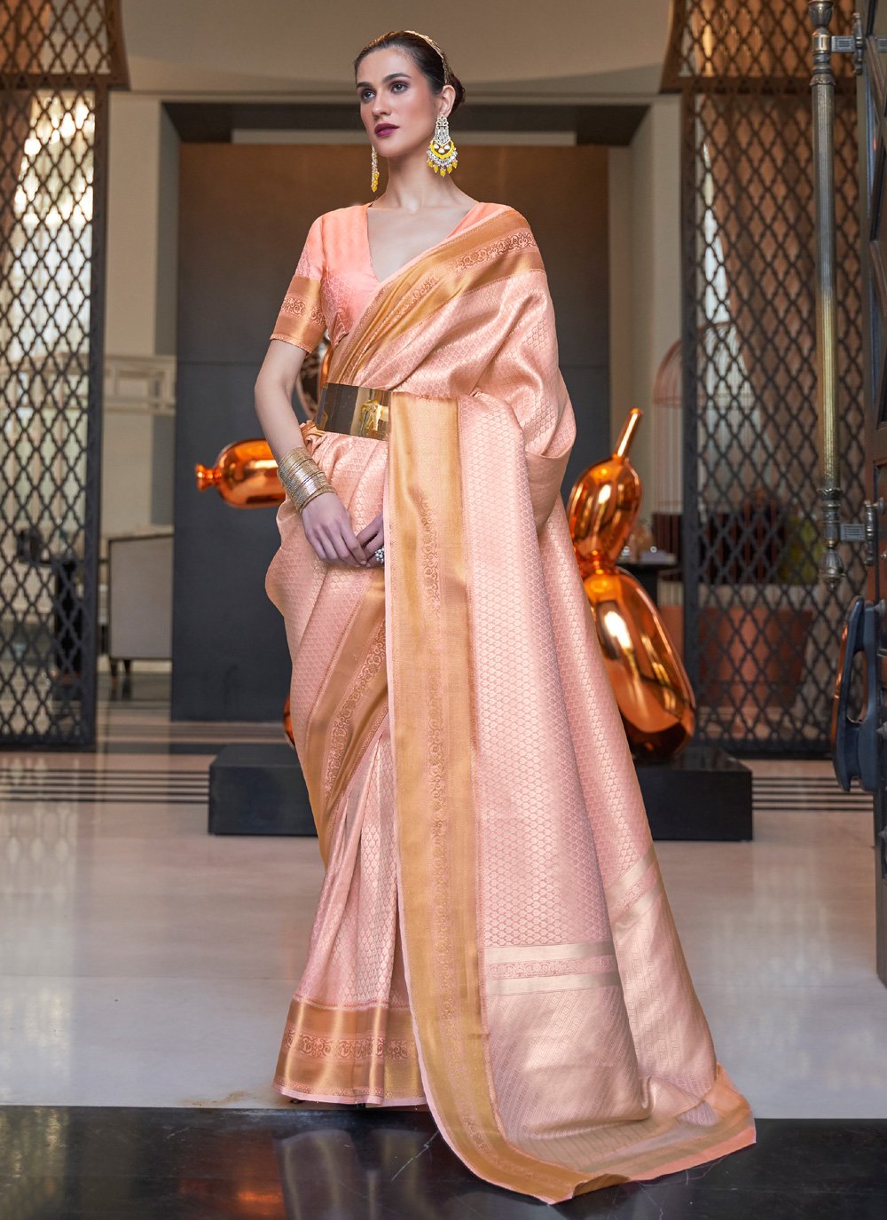 Peach Silk Weaving Designer Saree