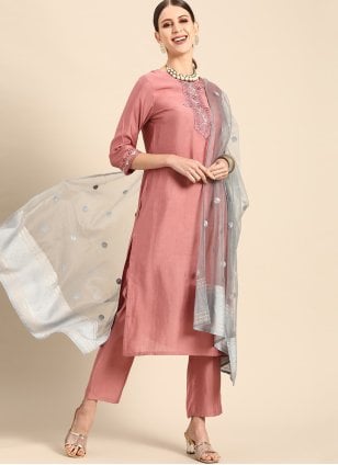 Peach Viscose Embroidered Readymade Salwar Suits