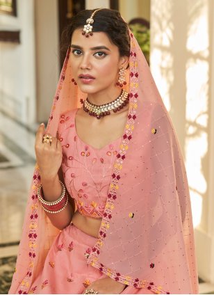 Designer Pink and Rani Art Silk Embroidered Trendy Lehenga Choli