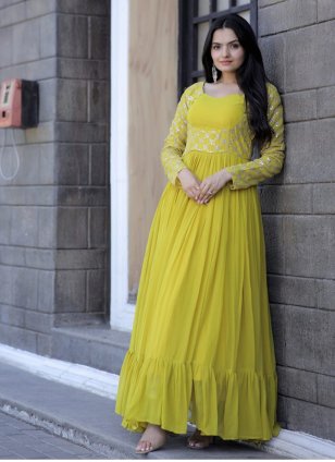 Charming Yellow Color Georgette Fabric Readymade Gown