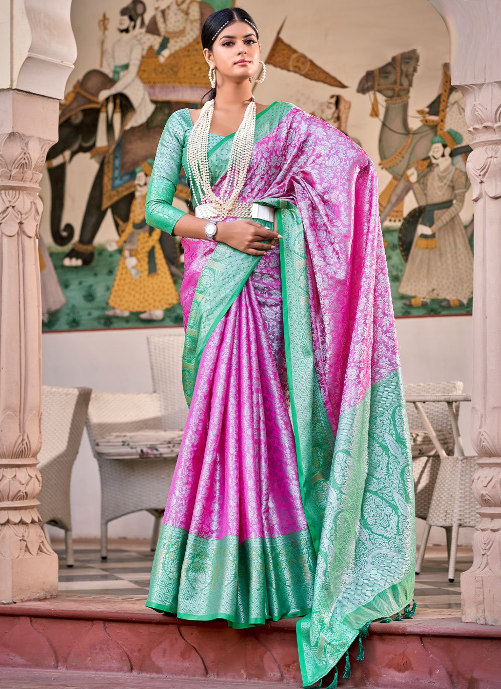 Rani pink & Parrot green Traditional Half Saree - ANJU SHANKAR LABEL