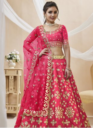 Pink Art Silk Embroidered Bridal Wear Lehenga Choli