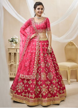 Pink Art Silk Embroidered Bridal Wear Lehenga Choli