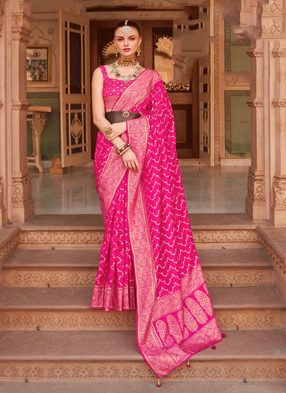 Pink Kataan Silk Banarasi Saree with Handembroidery – kreationbykj