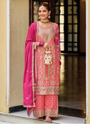 Pink Chinon Embroidered Palazzo Salwar Suit