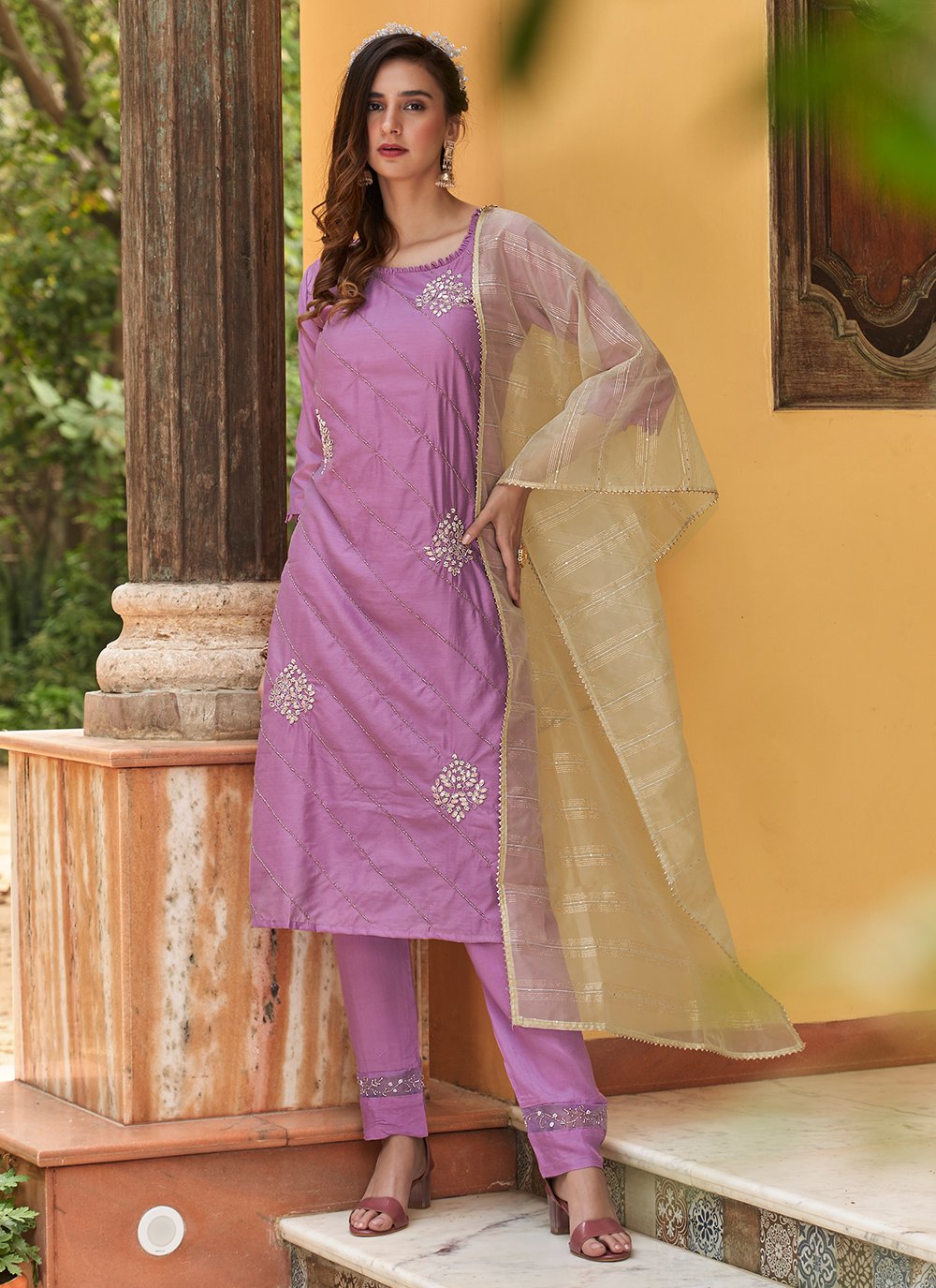 Buy B3Fashion Chanderi Silk Pink Salwar suit with self colour full body  embroidery with contrast floral embroidery work in purple and green colour  and croatian lace. Bottom purple cotton & printed georgette