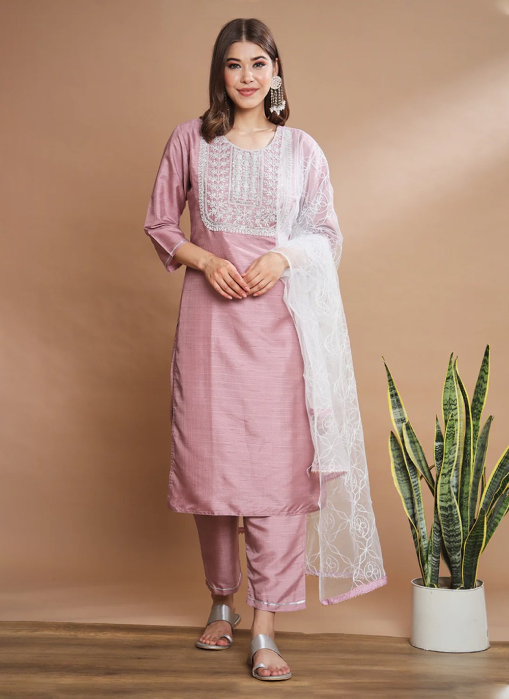 Pink Cotton  Embroidered Straight Salwar Suit