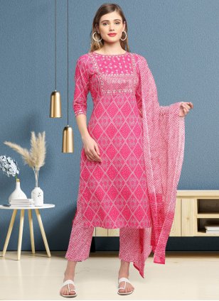 Pink Cotton  Printed Pant Style Suit