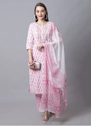 Pink Cotton  Printed Straight Salwar Suit