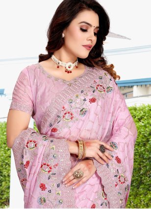Pink Crepe Embroidered Classic Saree