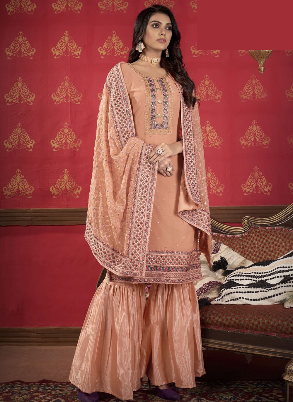 Buy Bunaai Opal Short Pink Designer Sharara Suit Set For Women Online