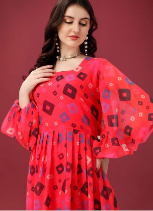 Pink Georgette Digital Print Readymade Gown