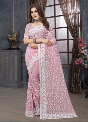 Pink Georgette Embroidered Classic Saree