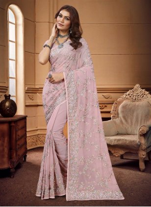 Pink Georgette Embroidered Classic Sari