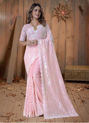 Pink Georgette Embroidered Contemporary Sari