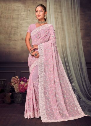 Pink Georgette Embroidered Designer Sari