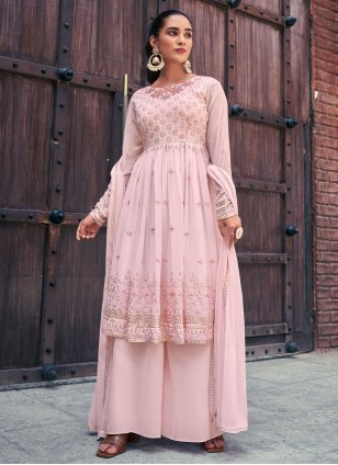 Pink Georgette Embroidered Palazzo Salwar Suit