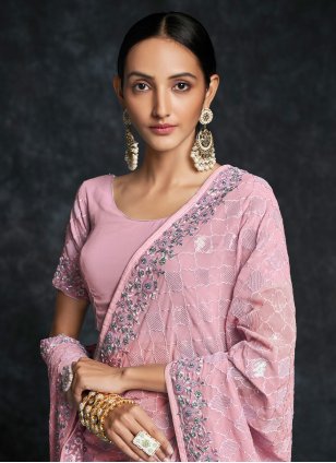 Pink Georgette Embroidered Trendy Saree