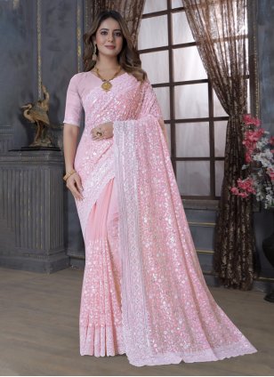 Pink Georgette Embroidered Trendy Saree