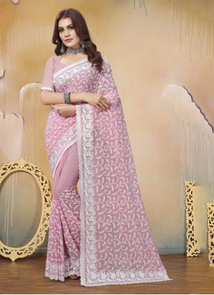 Pink Georgette Embroidered Trendy Sari