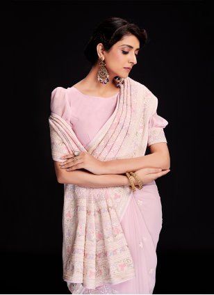 Pink Georgette Lucknowi Work Trendy Sari