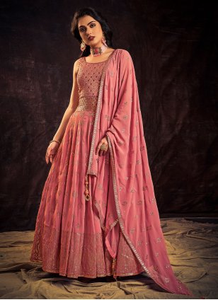 Pink Georgette Mirror Designer Floor Length Gown
