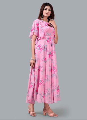 Pink Georgette Printed Readymade Trendy Gown