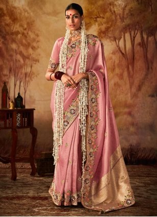 Pink Kanjivaram Silk Embroidered Trendy Sari