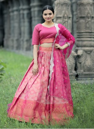 Pink Kanjivaram Silk Weaving A - Line Lehenga Choli