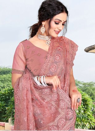 Pink Net Diamond Contemporary Sari