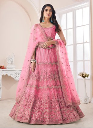 Pink Net Dori Work A - Line Lehenga Choli for Wedding
