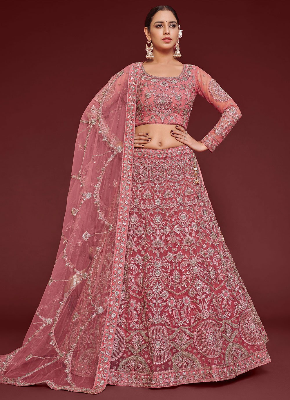 Pink Net Dori Work Trendy Ghagra Choli for Wedding