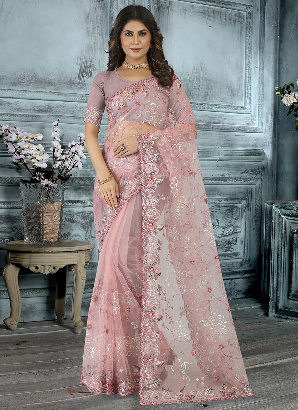 Stylish Look Pink Color Heavy Work Designer Saree