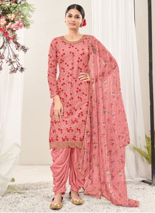 
                            Pink Net Embroidered Punjabi Salwar Suit