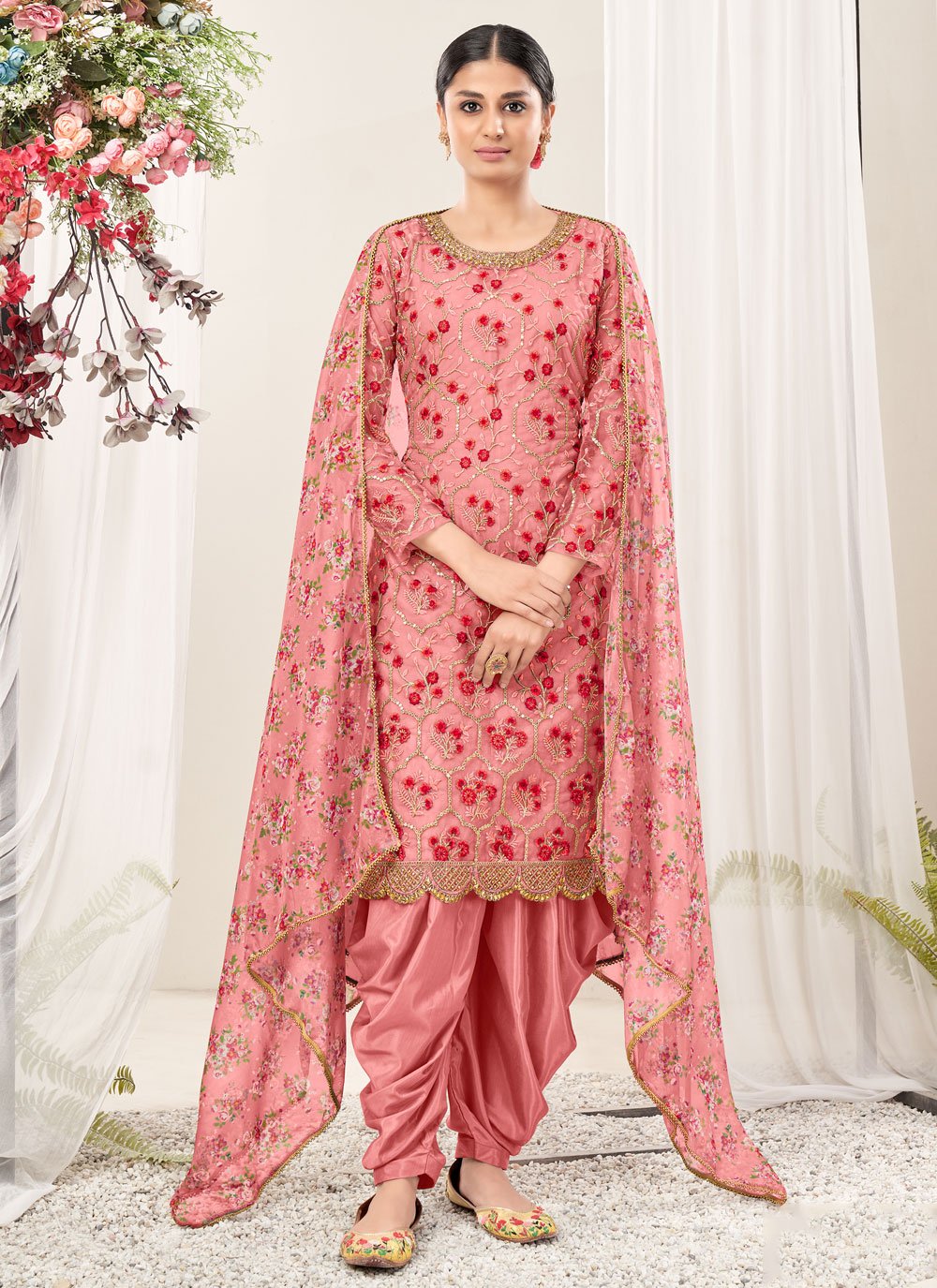 Pink Net Embroidered Punjabi Salwar Suit