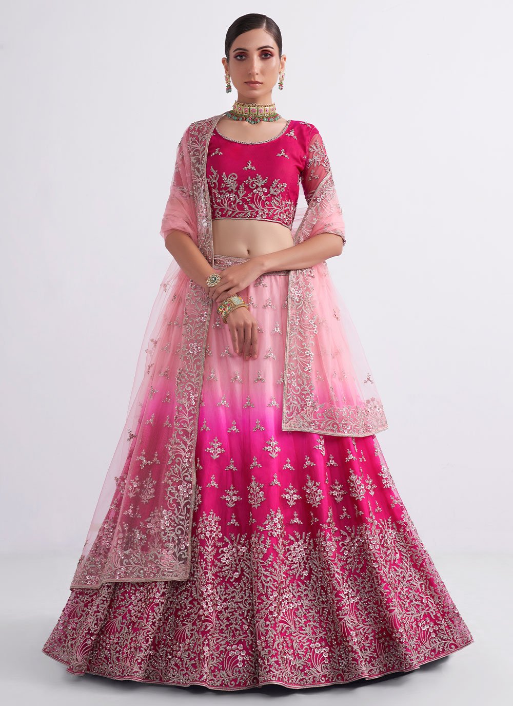 Pink Net Embroidered Trendy Lehenga Choli for Wedding