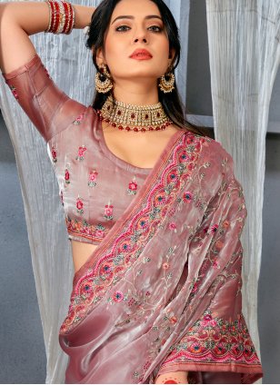 
                            Pink Organza Embroidered Classic Sari
