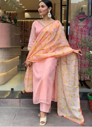 Pink Organza Printed Readymade Salwar Suits