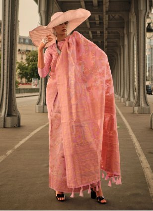 Pink Organza Weaving Designer Sari